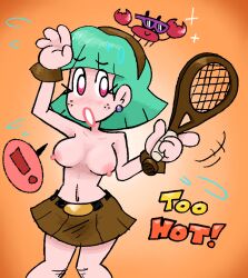 ! breasts brown_skirt crab english_text glasses milo_(johnzu) nipples oc orange_background original_character skirt tennis_racket teresa_(johnzu) text uznhoj