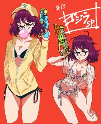 1girls bangs bikini breasts bubble_gum chewing_gum cleavage clothes glasses godzilla_(series) godzilla_singular_point hand_on_leg hat jacket kou_(spad7u59) light-skinned_female light_skin looking_at_viewer mei_kamino messy_hair multiple_views orange_eyes petite purple_hair red_background see-through see-through_clothing see-through_top short_hair solo standing water_gun wet_clothes