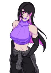 1girls breasts female female_only fully_clothed hair_over_one_eye hands_in_pockets hoop_earrings juri_han long_hair looking_at_viewer mascara multicolored_hair muscular_female pink_eyes purple_lipstick solo street_fighter tulipsie