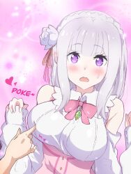 big_breasts blush emilia_(re:zero) purple_eyes re:zero_kara_hajimeru_isekai_seikatsu surprised tatigami touching_breast white_hair