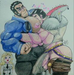 1girls 2boys bara beowulf_(skullgirls) big_penis blonde_hair chest_hair female female_watching filia_(skullgirls) gay human human_only marcus_medici moobs skullgirls sniffing traditional_art yaoi yaoi_with_female_audience