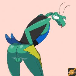 antennae_(anatomy) anthro arthropod balls biped clothing darknsfwindie genitals gloves green_body handwear hanna-barbera hi_res insects looking_at_viewer male mantis non-mammal_balls solo space_ghost_(series) tongue tongue_out topwear zorak_(character)