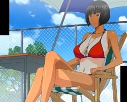 1girls accurate_art_style big_breasts bikini blue_eyes bokura_no_sex breasts busty chair cleavage crossed_legs female female_only highres kagari_(bokura_no_sex) large_breasts legs navel queen_bee_(animation_studio) red_bikini screencap screenshot short_hair sitting solo stitched swimsuit tan thighs third-party_edit voluptuous whistle