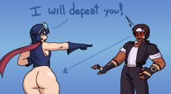 1boy 1girls big_ass big_butt blush bottomless dark-skinned_male glasses glasses_on_head king_of_fighters kusanagi_(kof) kyo_kusanagi light-skinned_female may_lee pointing royalmilk20 snk sweatdrop tagme thick_thighs