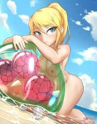 beach blue_eyes blush breasts eyelashes female hair metroid metroid_(creature) nude rilex_lenov samus_aran water