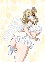 angel_wings ass_focus big_ass big_breasts big_butt blonde_hair blue_eyes blush hayasaka_ai kaguya-sama_wa_kokurasetai_~tensai-tachi_no_renai_zunousen~ tatigami white_boots white_dress