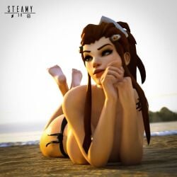 1girls 3d ass beach big_breasts bikini_bottom blizzard_entertainment breasts brigitte brigitte_lindholm female female_only looking_at_viewer nipples overwatch panties_only red_hair solo solo_female steamy3d tattoo thick_thighs tomboy topless topless_female