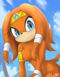 armwear bandage blue_eyes blush breasts eyelashes female hair headwear looking_at_viewer nude orange_hair rilex_lenov smile sonic_(series) tikal_the_echidna