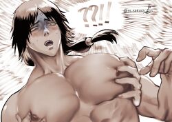 1boy 1other ?! big_pecs blush circlet embarrassed gaolang_wongsawat grabbing_from_behind groping groping_from_behind kengan_(series) kengan_ashura long_hair long_hair_male looking_down low-tied_long_hair low_ponytail male male_focus monochrome muscular muscular_male nervous pec_grab pec_grasp pecs pectoral_grab pony solo_focus ss_fanart surprised sweat tied_hair topless topless_male upper_body