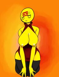 1girls big_breasts clothing countryhumans countryhumans_girl exposed_breasts female female_only orange_background redcosmos simple_background sitting thick_thighs thighhighs vietnam_empire_(countryhumans) yellow_body yellow_nipples yellow_skin