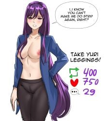 1girls bagjakagi_gou bagjaoppay breasts camel_toe cameltoe comment_icon doki_doki_literature_club english_text heart_icon leggings long_hair navel nipples number numbers purple_eyes purple_hair retweet_icon strip_game text text_bubble white_background yuri_(doki_doki_literature_club)