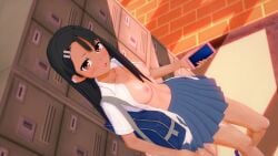 1girls 3d areolae black_hair blush breasts brown_eyes clothed clothing disibmandy female female_focus female_only hayase_nagatoro hi_res highres long_hair looking_at_viewer nipples no_bra open_mouth please_don't_bully_me,_nagatoro pose revealing_clothes simple_background skirt small_breasts solo standing tan tan-skinned_female tan_body tan_skin tanline tanned tanned_female