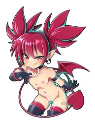 blush demon_girl demon_tail demon_wings disgaea etna iryanic looking_at_viewer nippon_ichi_software nude pussy red_eyes red_hair skull_earrings small_breasts smile tongue_out