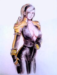 1girls 2d_(artwork) artist_request big_breasts black_and_yellow_bodysuit black_and_yellow_clothing black_headband blonde_female blonde_hair blonde_hair_female blonde_hair_red_eyes bodysuit bow breasts british_female busty cleavage female female_only hairbow hand_drawn headband hi_res king_of_fighters king_of_fighters_maximum_impact large_breasts legs lien_neville pink_lips red_eyes shoulder_length_hair smile snk solo solo_female thighs traditional_media unzipped unzipped_bodysuit video_game_character video_game_franchise voluptuous