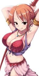 1girls alabasta arms_behind_head arms_up belly belly_button belly_dancer belly_dancer_outfit bikini blush bracelet breasts brown_eyes busty child_bearing_hips cleavage curvy dancer_outfit ear_piercing earrings eyebrows_visible_through_hair female female_focus female_only frilled_skirt frilly_clothing harem_girl harem_outfit hourglass_figure kasai_shin large_breasts light-skinned_female light_skin looking_at_viewer medium_hair midriff nami navel necklace one_piece orange_hair pelvic_line pink_skirt polearm pre-timeskip red_bikini red_bikini_top red_skirt seductive seductive_eyes seductive_gaze seductive_look seductive_mouth seductive_pose seductive_smile slim_waist smile solo solo_female solo_focus staff stomach teenage_girl teenager thick_thighs thigh_band thighs tongue tongue_out white_background wide_hips