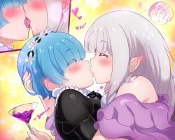 2girls blue_hair blush closed_eyes dressed drunk elf elf_ears elf_female elf_girl emilia_(re:zero) female female/female female_dominating_female female_focus female_only half_elf lesbian lesbian_kiss long_hair multiple_girls oni oni_female re:zero_kara_hajimeru_isekai_seikatsu rem_(re:zero) saliva short_hair silver_hair tatigami tongue tongue_kiss tongue_out yuri