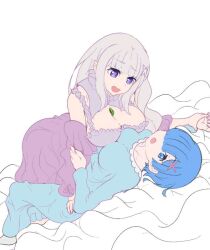 2girls big_breasts blue_eyes blue_hair emilia_(re:zero) female female_only girl_on_girl holding_hands multiple_girls pajamas purple_eyes re:zero_kara_hajimeru_isekai_seikatsu rem_(re:zero) tatigami white_hair yuri