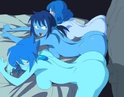 3girls ass bed bedroom blue_body blue_skin lapis_lazuli_(steven_universe) looking_at_viewer looking_back mean_lapis multiple_girls nice_lapis nude sex sideboob steven_universe yev-san