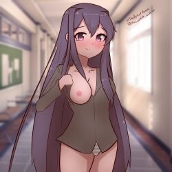 blush breasts ddlc_background doki_doki_literature_club instagram_username long_hair looking_at_viewer nipples panties pink_nipples purple_eyes purple_hair shimapan theartistaurora twitter_username yuri_(doki_doki_literature_club)