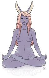 anthro anthro_only bikuu breasts closed_eyes crossed_legs female fingers flipside hair hi_res humanoid_hands lagomorph leporid long_ears long_hair mammal meditating meditation nipples nude nude_female peaceful pink_hair purple_body purple_breasts purple_nipples rabbit serene sitting solo