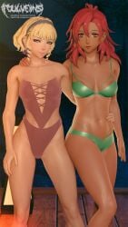 2girls 3d alternate_costume arm_around_neck arm_around_waist bangs bare_shoulders bare_thighs bikini blonde_hair blue_eyes breasts brown_one-piece_swimsuit brown_swimsuit collar constance_von_nuvelle dark-skinned_female dark_skin earrings female female_only fire_emblem fire_emblem:_three_houses foulveins green_bikini green_swimsuit hapi_(fire_emblem) hug looking_at_viewer medium_breasts medium_hair multicolored_hair multiple_girls nintendo one-piece_swimsuit onsen red_eyes red_hair short_hair shoulders smile smirk smug swimsuit thighs yuri