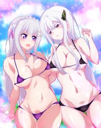 big_breasts bikini echidna_(re:zero) elf elf_ears elf_female elf_girl emilia_(re:zero) half-elf re:zero_kara_hajimeru_isekai_seikatsu tatigami white_hair witch yuri