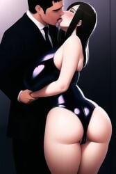 1boy 1girls ai_generated black_hair blush business_suit cameltoe french_kiss holding_wrist huge_breasts kissing latex latex_bodysuit nai_diffusion original prostitute prostitution stable_diffusion tongue tongue_kiss