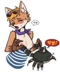 1girls breasts clever_raccoon_dog closed_eyes embarrassed fox fox_ears fox_girl furry furry_female gloves_(marking) nipples pinching_nipples reccand small_breasts striped_clothing sunglasses sunglasses_on_head tagme vixen_thief_(clever_raccoon_dog) vulpine