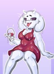 absurd_res alcohol anthro belly beverage bodily_fluids breasts choker clothing cum dress female genital_fluids glass hi_res jewelry necklace saliva shy smile solo tongue toriel undertale undertale_(series) ursk video_games wine