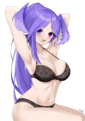 1girls armpits arms_behind_head arms_up belly_button big_breasts black_underwear blush cleavage fangs hair_wings head_wings heterochromia long_ponytail midriff navel nijisanji nijisanji_en ponytail purple_hair selen_tatsuki solo solo_female solo_focus underwear underwear_only variant virtual_youtuber white_background wriskelis