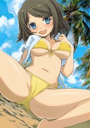 beach big_ass big_butt bikini blue_eyes blue_sky blush bra breasts brown_hair jacket legs_apart light-skinned_female light_skin looking_at_viewer medium_breasts muramasa_mikado murana_(muramasa_mikado) nipples_visible_through_clothing open_mouth open_shirt palm_tree panties short_hair smile smiling smiling_at_viewer solo solo_female solo_focus spread_legs thick_thighs thighs thin_waist white_skin yellow_bikini