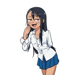 1girls black_hair blush breasts brown_eyes cleavage clothed clothing earrings fangs female female_focus female_only gnsisir hayase_nagatoro hi_res highres long_hair looking_at_viewer open_mouth please_don't_bully_me,_nagatoro revealing_clothes simple_background skirt small_breasts smile solo tan tan-skinned_female tan_body tan_skin tanned tanned_female white_background