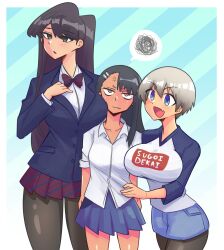 3girls anger_vein angry big_breasts black_hair blue_eyes breast_envy breasts brown_eyes clothed clothing crossover curvy female female_focus female_only grey_hair hayase_nagatoro hi_res highres jealous komi-san_wa_komyushou_desu komi_shouko konaloid light-skinned_female long_hair looking_at_viewer looking_away petite please_don't_bully_me,_nagatoro revealing_clothes simple_background skirt small_breasts tan tan-skinned_female tan_body tan_skin tanned tanned_female text uzaki-chan_wa_asobitai! uzaki_hana wide_hips