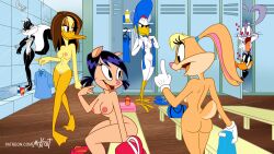 2boys 5girls accurate_art_style anthro anthro_only ass black_hair blonde_female blonde_hair breasts brown_hair bugs_bunny casual daffy_duck duck duck_girl female locker_room lola_bunny looney_tunes miss_prissy mrkrait naked_female on_model penelope_pussycat petunia_pig pig_girl pink_body pink_skin public pussycat shower showering smooth_fur the_looney_tunes_show tina_russo warner_brothers