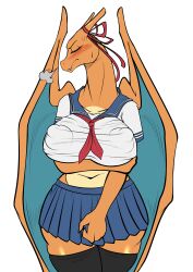 1girls 2d anthro belly_button blush breasts charizard dragon female female_only mirapony nintendo nipple_bulge pokémon_(species) pokemon pokemon_(species) school_uniform schoolgirl solo thick thick_thighs