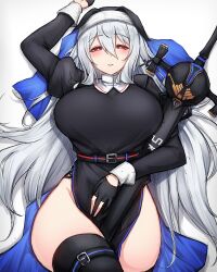 arknights breasts clothed long_hair looking_at_viewer on_back rikuguma skadi_(arknights) tagme thighs white_hair