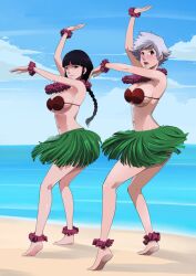 2girls anklet artist_request asymmetrical_hair barefoot beach big_breasts bikini bikini_top black_hair bleach blunt_bangs blush braid braided_ponytail braids breasts busty clenched_teeth coconut coconut_bra dancing earrings female female_only flower_necklace height_difference hula hula_dancer hula_skirt kotetsu_isane kurotsuchi_nemu long_hair midriff multiple_girls navel necklace ocean outdoors ponytail purple_hair revealing_clothes sand seaside shore short_hair short_hair_with_long_locks sidelocks silver_hair single_braid skirt smaller_female soles taller_female tied_hair toes very_long_hair voluptuous water wristband