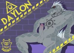 anthro balls crocodile crocodilian crocodylid dasinbun daylon_(dislyte) dislyte erection fangs genitals hi_res male mask penis red_eyes reptile scalie solo spikes spread_legs spreading tattoo text