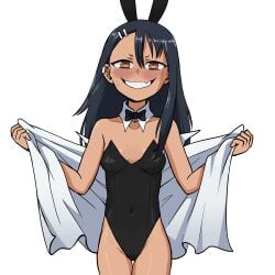 1girls black_hair blush breasts brown_eyes bunny_ears bunnysuit clothed clothing earrings fangs female female_focus female_only flashing gnsisir hayase_nagatoro hi_res highres long_hair looking_at_viewer please_don't_bully_me,_nagatoro revealing_clothes simple_background small_breasts smile solo tan tan-skinned_female tan_body tan_skin tanned tanned_female white_background