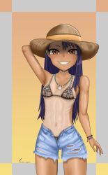 1girls black_hair blush breasts brown_eyes clothed clothing earrings female female_focus female_only hat hayase_nagatoro hi_res highres long_hair looking_at_viewer pissclams please_don't_bully_me _nagatoro pose revealing_clothes simple_background small_breasts smile solo tan tan-skinned_female tan_body tan_skin tanline tanned tanned_female thin watermark