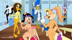 2boys 5girls accurate_art_style ass black_hair blonde_female blonde_hair breasts brown_hair bugs_bunny casual daffy_duck duck duck_girl female locker_room lola_bunny looney_tunes miss_prissy mrkrait naked_female penelope_pussycat petunia_pig pig_girl pink_body pink_skin public pussycat shower showering smooth_fur the_looney_tunes_show tina_russo warner_brothers