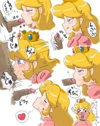 >_< 1boy 1girls blue_eyes blush closed_eyes cum cum_in_mouth cum_in_throat cum_on_hair deepthroat dress ejaculation facial fellatio female female_pervert gloves handjob happy heart highres irrumatio japanese_text long_hair looking_pleasured male mario_(series) naughty_face nintendo oekaki open_mouth oral orgasm penis penis_grab princess princess_peach smile spoken_heart surprised tears testicles tongue tongue_out translated