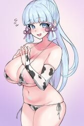 1girls big_breasts big_thighs blue_eyes blue_hair breasts busty cow_bikini cow_print cow_print_armwear cow_print_bikini female female_only genshin_impact huge_breasts ihcaris kamisato_ayaka large_breasts ponytail solo solo_female thick_thighs thighs