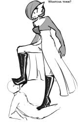 anthro black_and_white bootjob boots caption cbt celera_prime english_text femdom footjob gardevoir high_heel_boots high_heels leather_boots nintendo pokemon pokemon_(species) stepped_on stepping_on_penis text