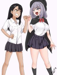 2girls big_breasts black_hair blue_eyes blush breasts brown_eyes clothed clothing crossover earrings female female_only hayase_nagatoro hi_res highres long_hair open_mouth please_don't_bully_me,_nagatoro revealing_clothes simple_background skirt small_breasts smile tan tan-skinned_female tan_body tan_skin tanned tanned_female tejina_senpai tejina_senpai_(character) tokisan