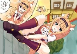 1girls american_curl artist_request banana_peel bell cat_ears cat_tail catgirl clothed embarrassed fell_down female female_only green_eyes hands_on_crotch high_socks inner_ear_fluff maple_(sayori) needs_bathroom neko nekomimi nekopara orange_hair sitting sitting_on_floor skirt skirt_pull toilet ゆう