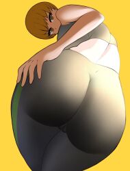 1girls alternate_version_available altus ass ass_focus clothed clothed_female clothing fitness looking_at_viewer looking_back okaimikey persona persona_4 presenting presenting_ass satonaka_chie