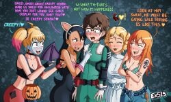 1boy 4girls big_breasts black_hair blonde_hair blush breasts brown_eyes brown_hair cleavage closed_eyes clothed clothing cosplay costume crossover curvy dc demon_girl demon_wings english_text ex515 female gamo-chan glasses halloween harley_quinn_(cosplay) hayase_nagatoro hi_res highres izuku_midoriya_(cosplay) long_hair male multiple_girls naoto_hachioji_(senpai) navel orange_eyes orange_hair please_don't_bully_me,_nagatoro princess_leia_organa_(cosplay) revealing_clothes rouge_the_bat_(cosplay) sakura_(nagatoro) short_hair simple_background small_breasts star_wars tan tan-skinned_female tan_body tan_skin tanned tanned_female text twintails wide_hips yoshi_(nagatoro)