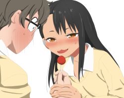 1boy 1girls black_hair blush breasts brown_eyes brown_hair clothed clothing earrings embarrassed female flirting glasses hayase_nagatoro hi_res highres long_hair naoto_hachioji_(senpai) open_mouth please_don't_bully_me,_nagatoro revealing_clothes short_hair simple_background small_breasts smile tan tan-skinned_female tan_body tan_skin tanned tanned_female tokisan white_background