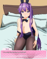 1girls areola_slip bare_shoulders bed breasts bunny_ears bunnysuit cleavage ddlc_text_box doki_doki_literature_club long_hair moritaris purple_eyes purple_hair yuri_(doki_doki_literature_club)